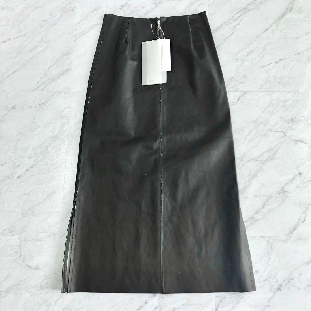 【新品】SEEALL BIKER SKIRT オールレザー ブラック 38