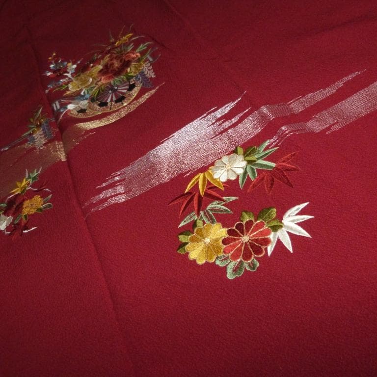 ア*カ様 朱色刺繍御所車牡丹 絹 身丈約157㎝強裄約66㎝ 超美品並6点セット