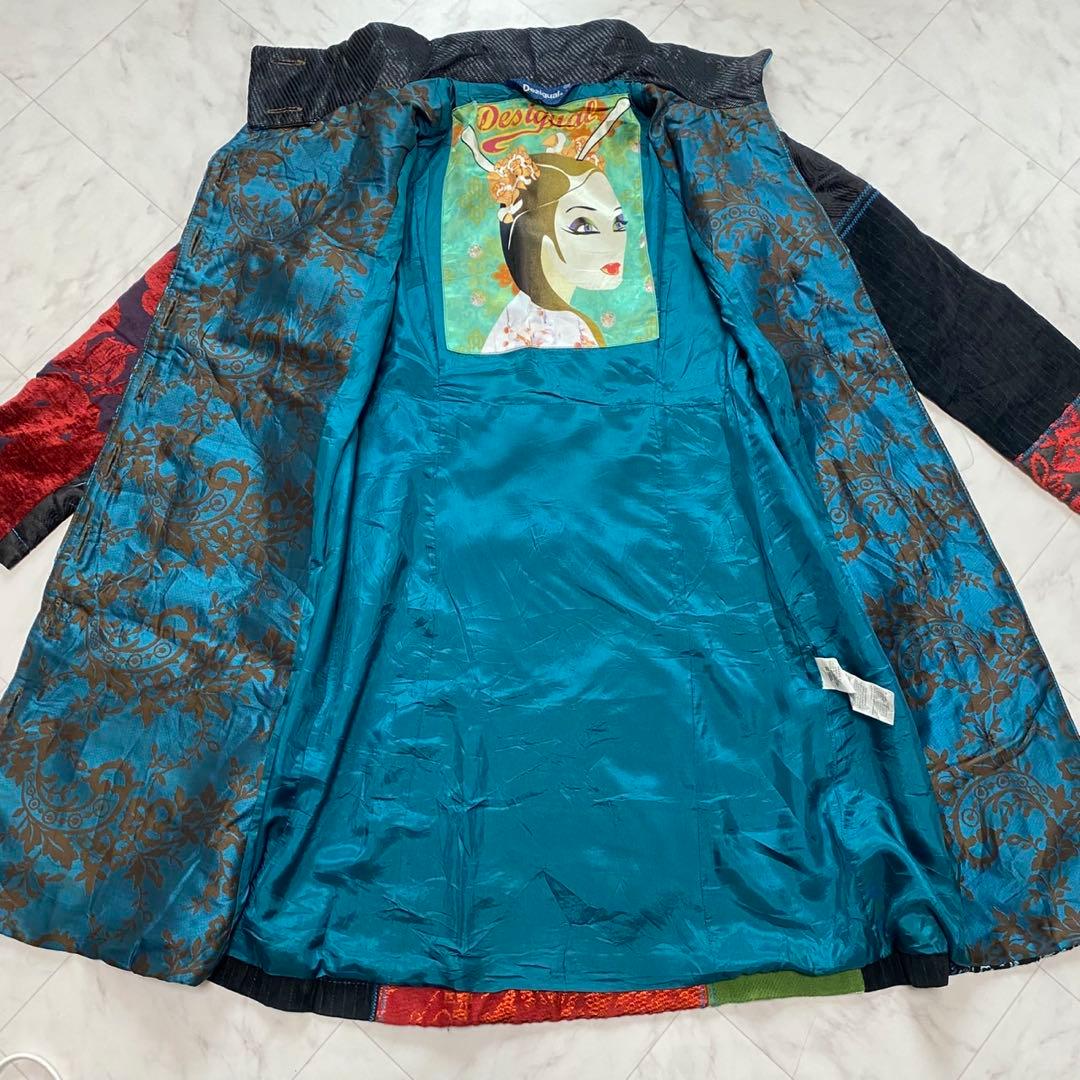 Desigual デシグアル　総柄　異素材切り替え　コート　ジャガード　刺繍